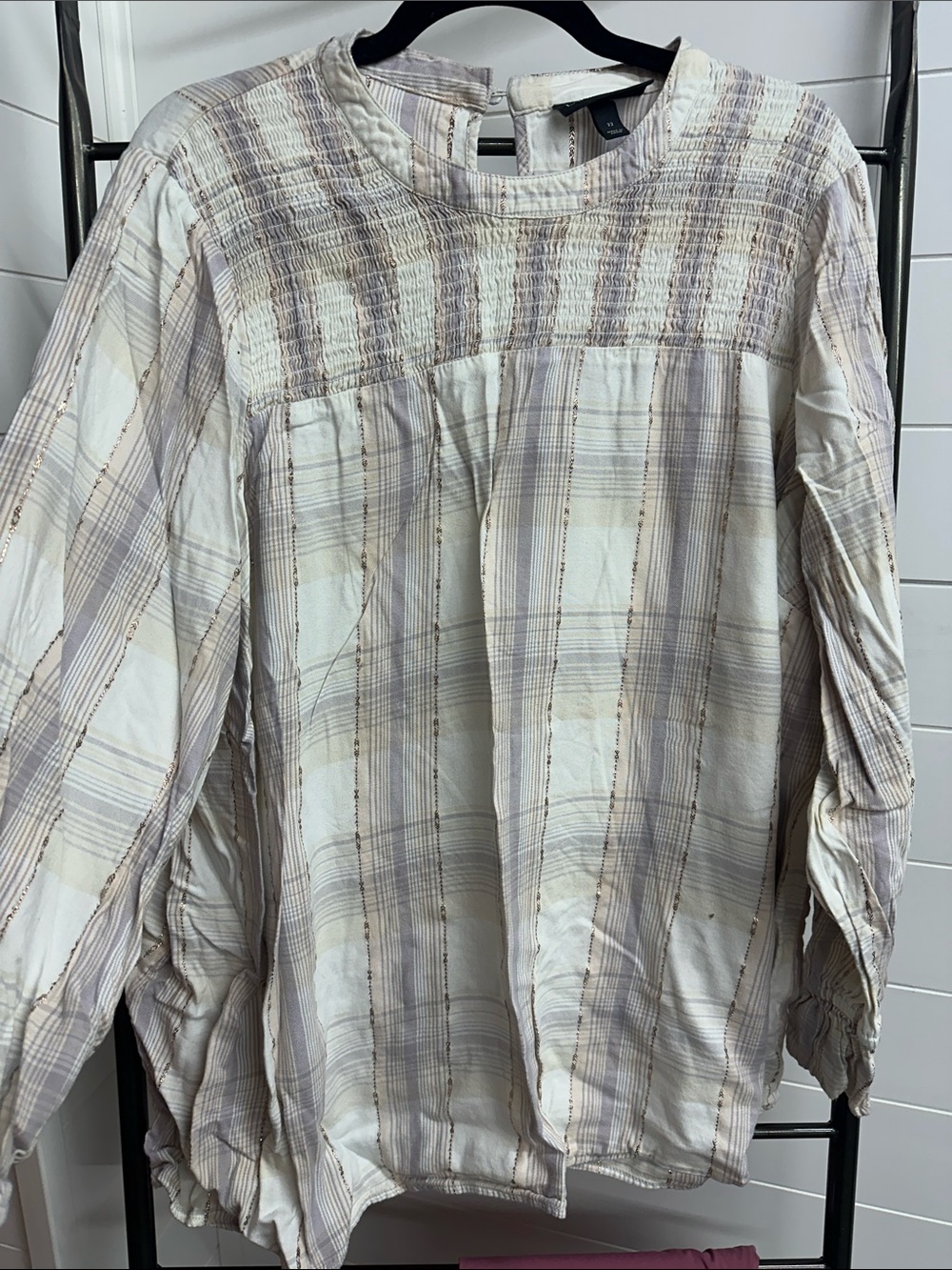 Lane Bryant Cream and Taupe Plaid Long-Sleeve Top
